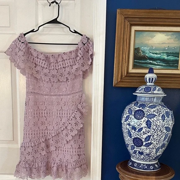 Women’s Lulu's Frill and Grace Lavender Lace Off-the-Shoulder Dress Size Medium - Picture 4 of 12